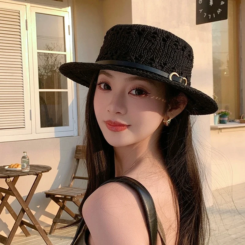 New Flat Top Sun Hat 2026 Delicate Weaving Straw Hat Summer Straw Hat Pearl New Elastic Ribbon Hat Sombreros Chapeau Femme