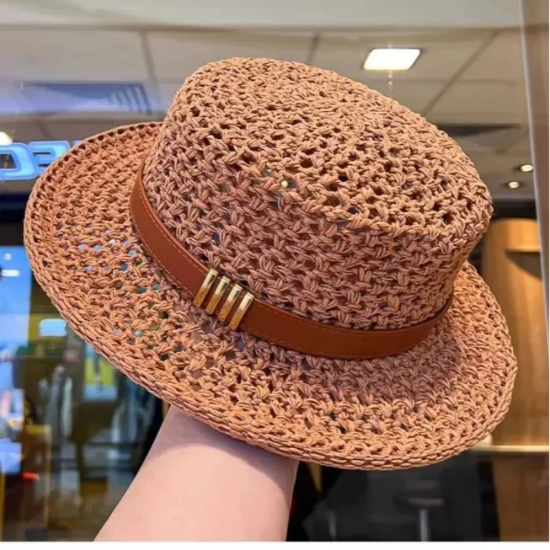 New Flat Top Sun Hat 2026 Delicate Weaving Straw Hat Summer Straw Hat Pearl New Elastic Ribbon Hat Sombreros Chapeau Femme