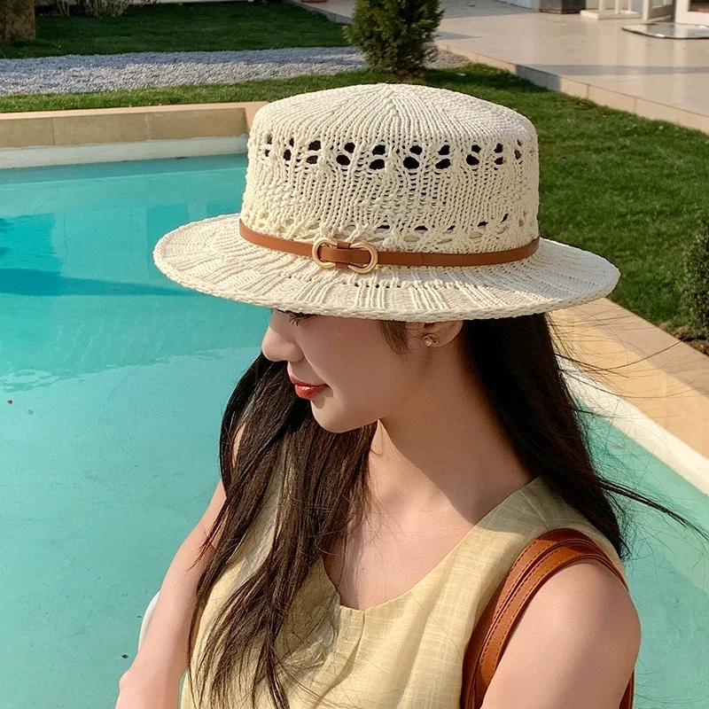 New Flat Top Sun Hat 2026 Delicate Weaving Straw Hat Summer Straw Hat Pearl New Elastic Ribbon Hat Sombreros Chapeau Femme