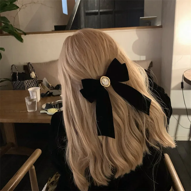 French Beautiful Barrette for Woman Black Elegant Velvet Ribbon Bowknot Party Hairpins Hair Accessories