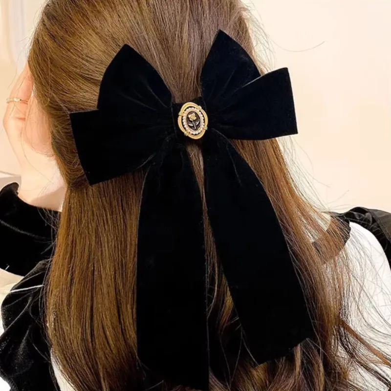 French Beautiful Barrette for Woman Black Elegant Velvet Ribbon Bowknot Party Hairpins Hair Accessories