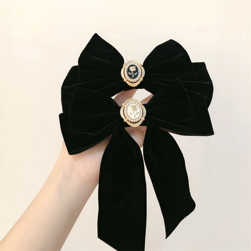 French Beautiful Barrette for Woman Black Elegant Velvet Ribbon Bowknot Party Hairpins Hair Accessories