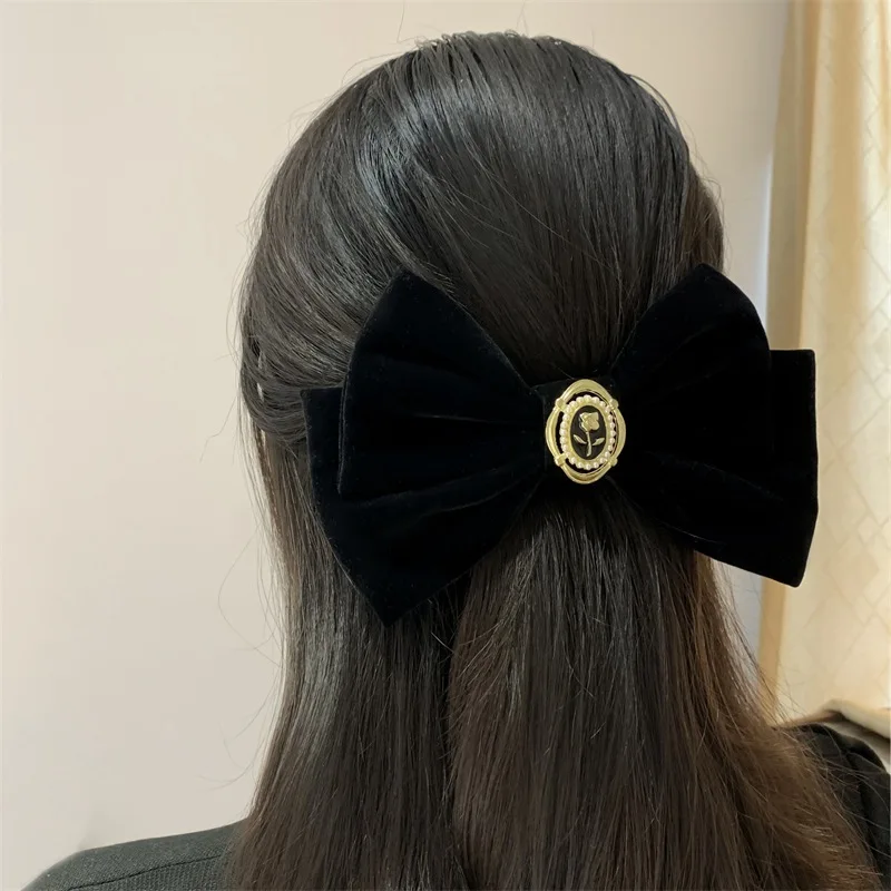 French Beautiful Barrette for Woman Black Elegant Velvet Ribbon Bowknot Party Hairpins Hair Accessories
