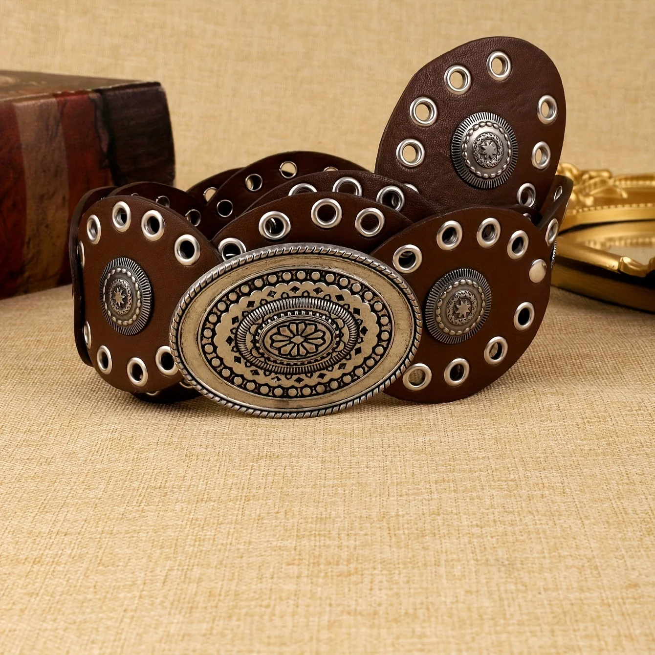 1 Unisex Waist Belt, Floral Oval Cake, Solid Color, Western Cowboy Style, Fashionable and Versatile, Suitable for Daily Outings