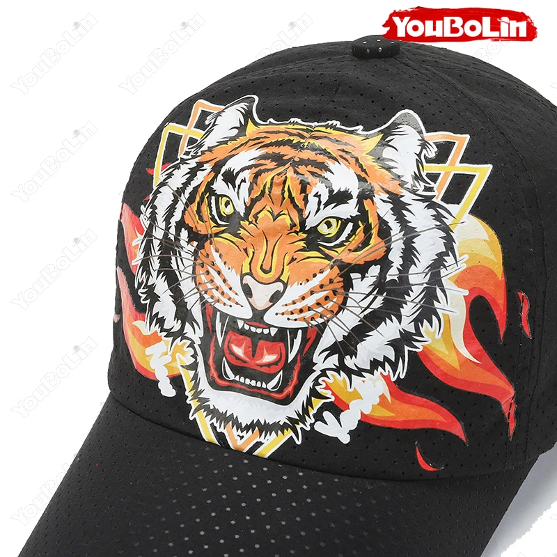 Outdoor Tiger Face Baseball Cap, Summer Quick-Dry Fabric, Mesh & Perforated Design, Ethnic Print Sun Protection Hat