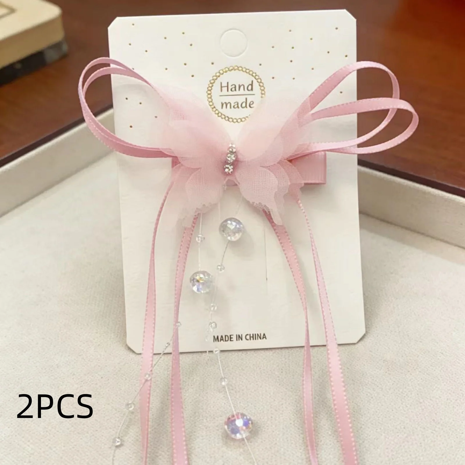 2Pcs Elegant Tulle Butterfly Hair Clips With Tassel Beads For Women Girls Fairy Hair Accessories For Wedding Party Daily Wear