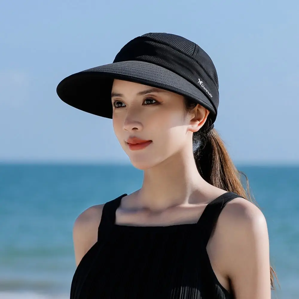 Casual Wide Brim Women Summer Sun Hat UV Protection Foldable Empty Top Ponytail Cap Detachable Adjustable Beach Cap