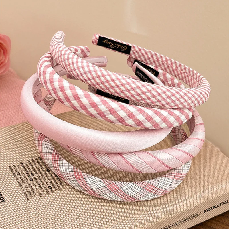 Sweet Pink Plaid Hairband Women's Fashionable Stylish High Top Knot Hair Clip Elegant Sensation Floral Print Hair Accessories