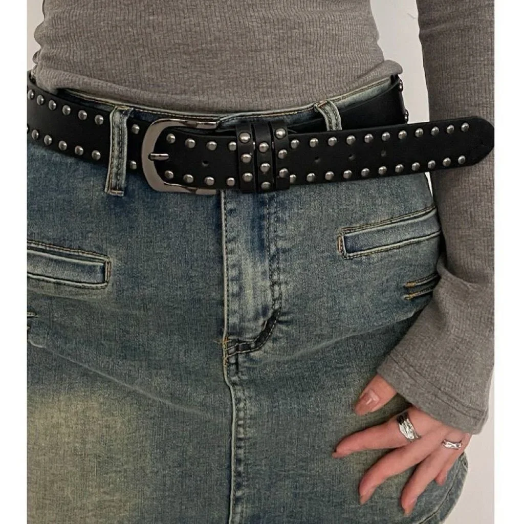 Women's Punk Belt, PU Leather: Vintage Studded Wide Belt Perfect for Jeans, Edgy Belt for Fashion-Forward Women