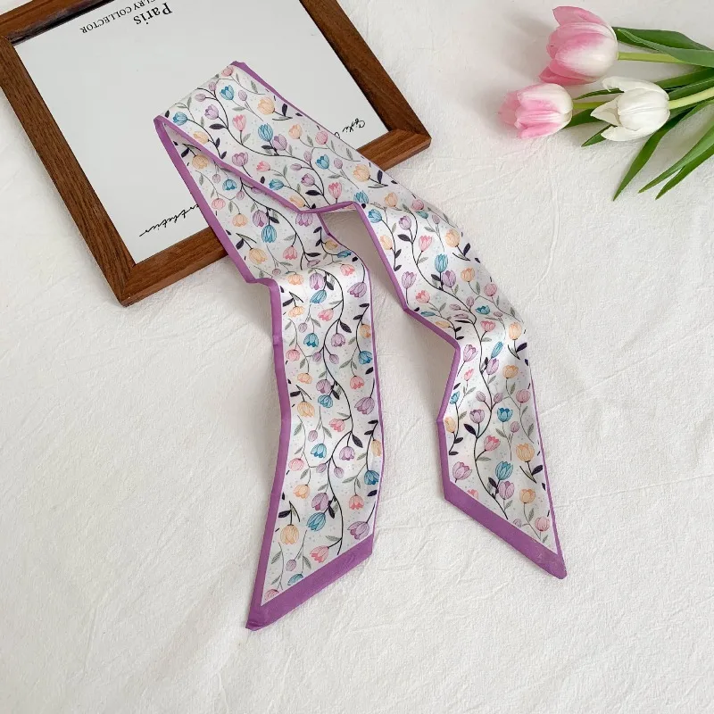Elegant ladies’ long ribbon scarf with a rose pattern; versatile as a hairband, bag strap or neck scarf; a stylish accessory