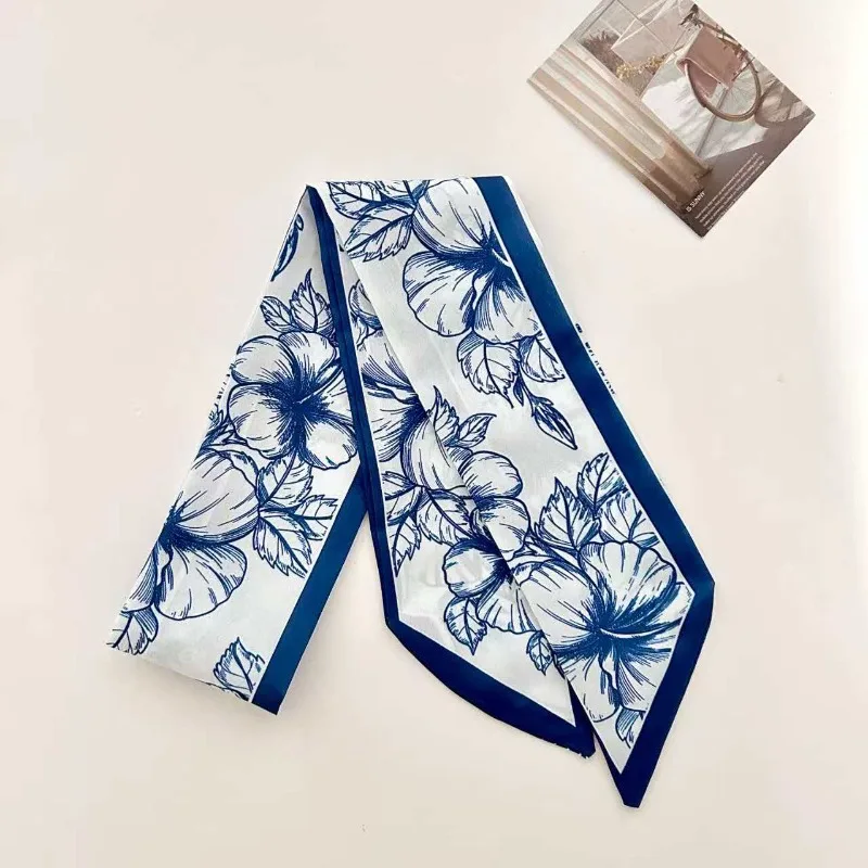 Elegant ladies’ long ribbon scarf with a rose pattern; versatile as a hairband, bag strap or neck scarf; a stylish accessory
