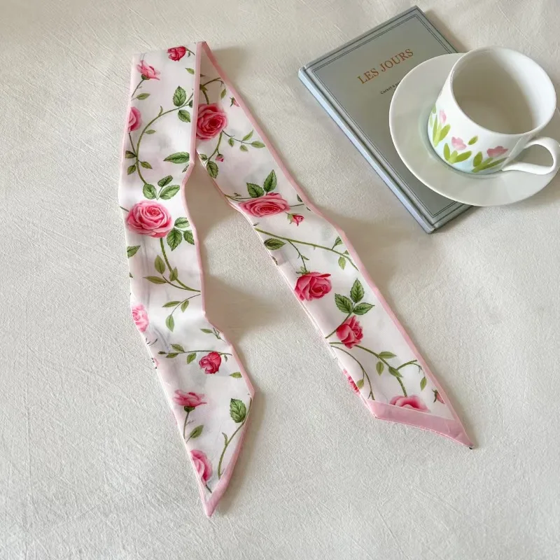 Elegant ladies’ long ribbon scarf with a rose pattern; versatile as a hairband, bag strap or neck scarf; a stylish accessory