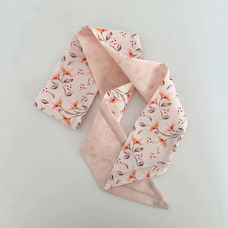 Elegant ladies’ long ribbon scarf with a rose pattern; versatile as a hairband, bag strap or neck scarf; a stylish accessory