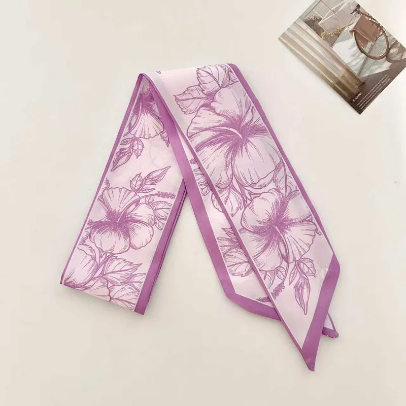 Elegant ladies’ long ribbon scarf with a rose pattern; versatile as a hairband, bag strap or neck scarf; a stylish accessory