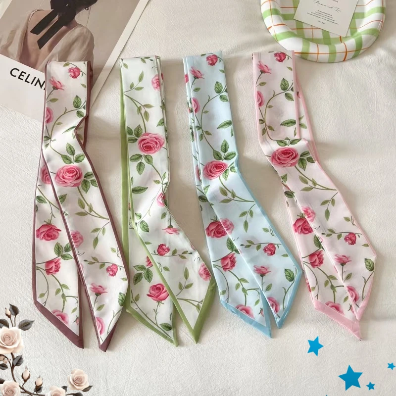 Elegant ladies’ long ribbon scarf with a rose pattern; versatile as a hairband, bag strap or neck scarf; a stylish accessory