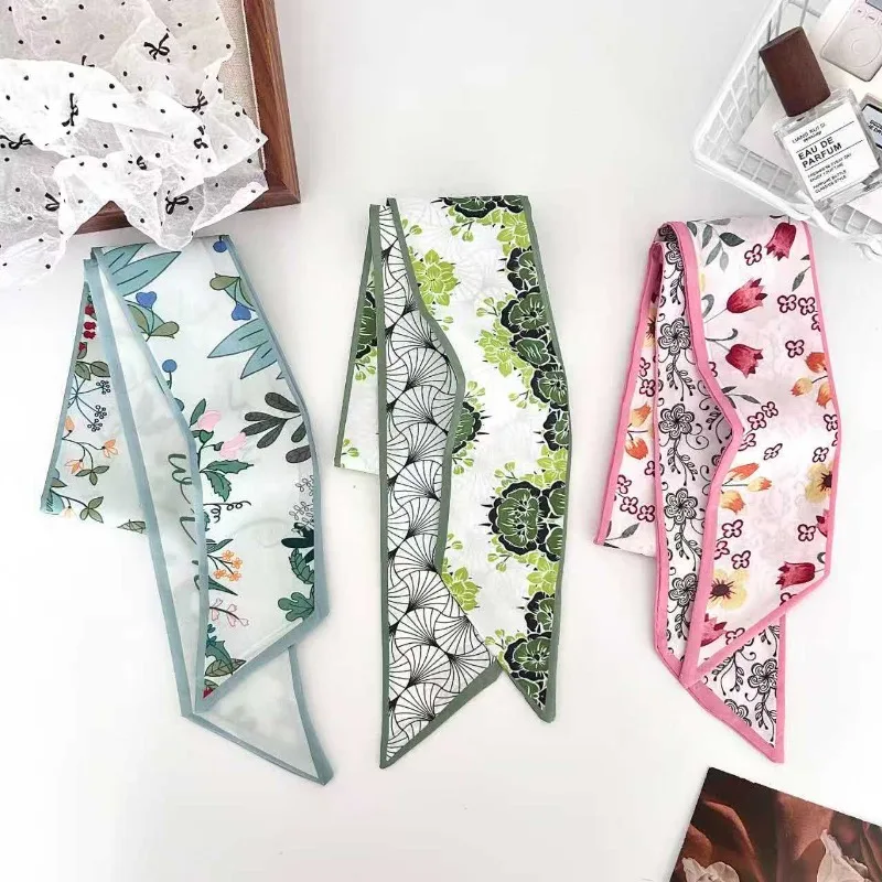 Elegant ladies’ long ribbon scarf with a rose pattern; versatile as a hairband, bag strap or neck scarf; a stylish accessory