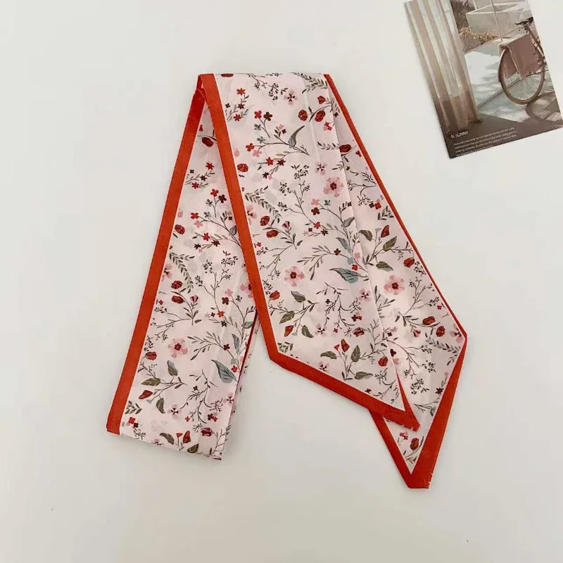 Elegant ladies’ long ribbon scarf with a rose pattern; versatile as a hairband, bag strap or neck scarf; a stylish accessory