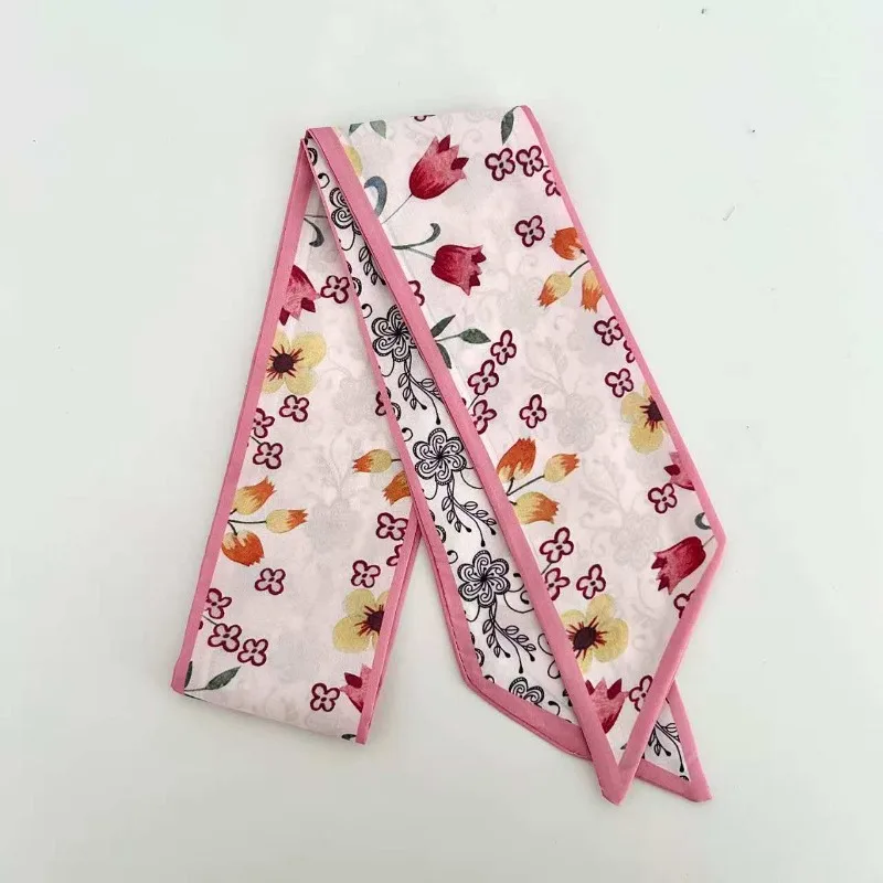 Elegant ladies’ long ribbon scarf with a rose pattern; versatile as a hairband, bag strap or neck scarf; a stylish accessory