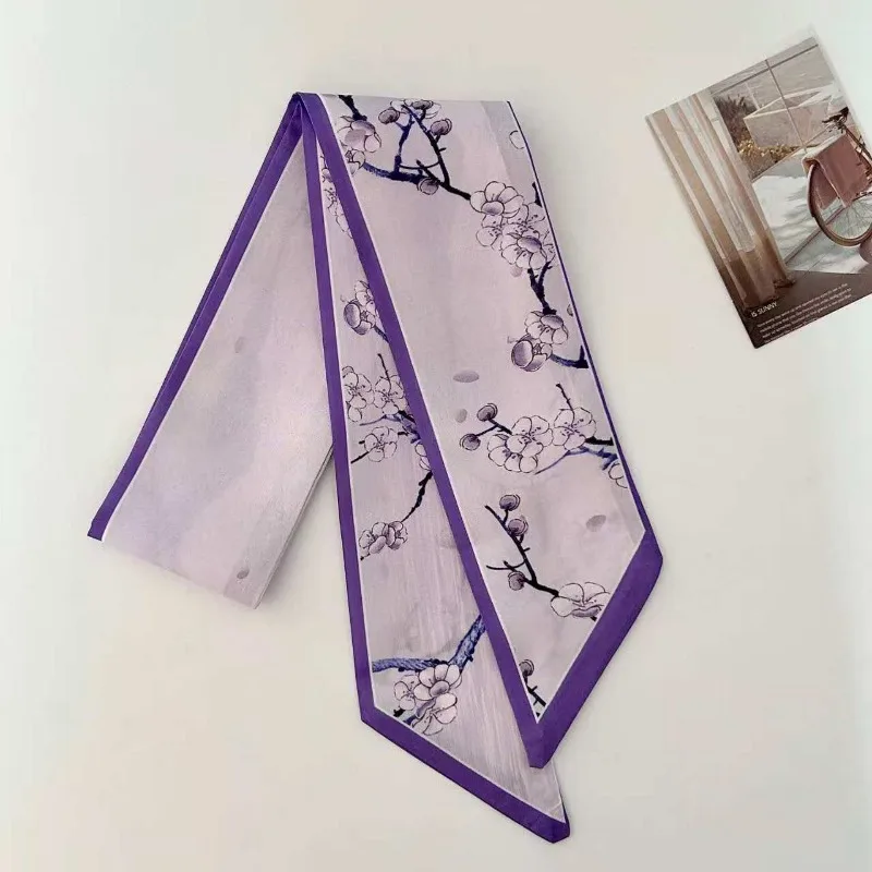 Elegant ladies’ long ribbon scarf with a rose pattern; versatile as a hairband, bag strap or neck scarf; a stylish accessory