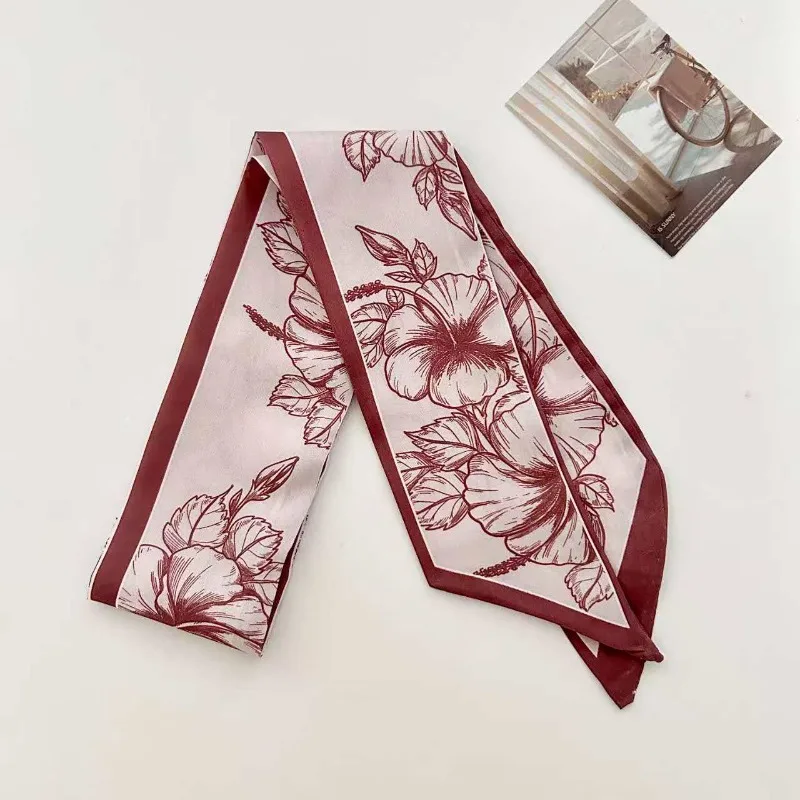 Elegant ladies’ long ribbon scarf with a rose pattern; versatile as a hairband, bag strap or neck scarf; a stylish accessory