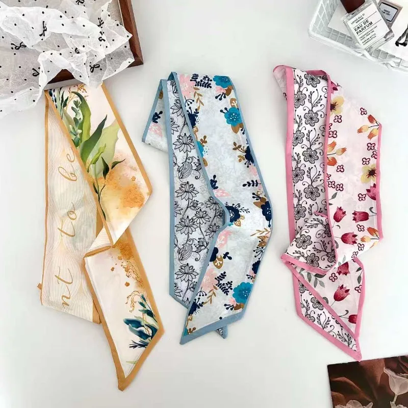 Elegant ladies’ long ribbon scarf with a rose pattern; versatile as a hairband, bag strap or neck scarf; a stylish accessory
