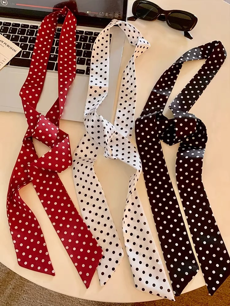 New Fashion Women's Polka Dot Simple Narrow Long Scarf Satin Ribbon Headbands Bag Tie Korean Style Versatile Fashion Accessories