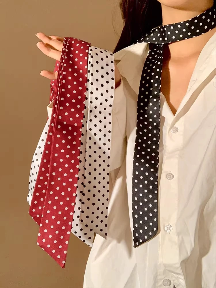 New Fashion Women's Polka Dot Simple Narrow Long Scarf Satin Ribbon Headbands Bag Tie Korean Style Versatile Fashion Accessories