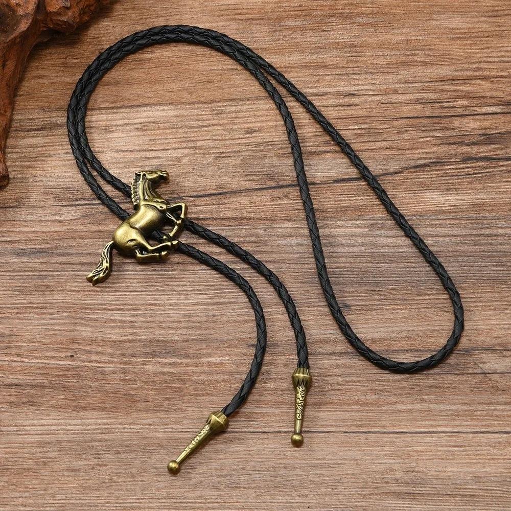 Western Cowboy Bolo Tie Necklace Personality Retro Fashion Horse Pendant Vintage Plating Adjustable Rope Cowboy Rope Necklace
