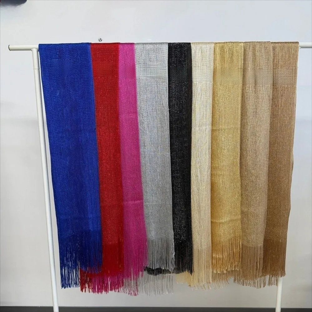 Elegant Shiny Metallic Scarf Long Gold Silver Thread Party Evening Dress Scarf with Tassel Bridal Wedding Wrap
