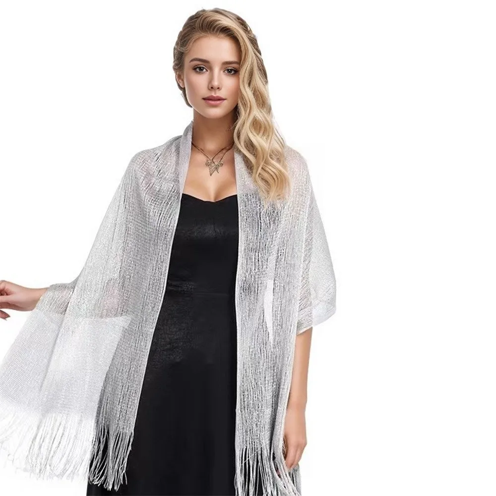 Elegant Shiny Metallic Scarf Long Gold Silver Thread Party Evening Dress Scarf with Tassel Bridal Wedding Wrap