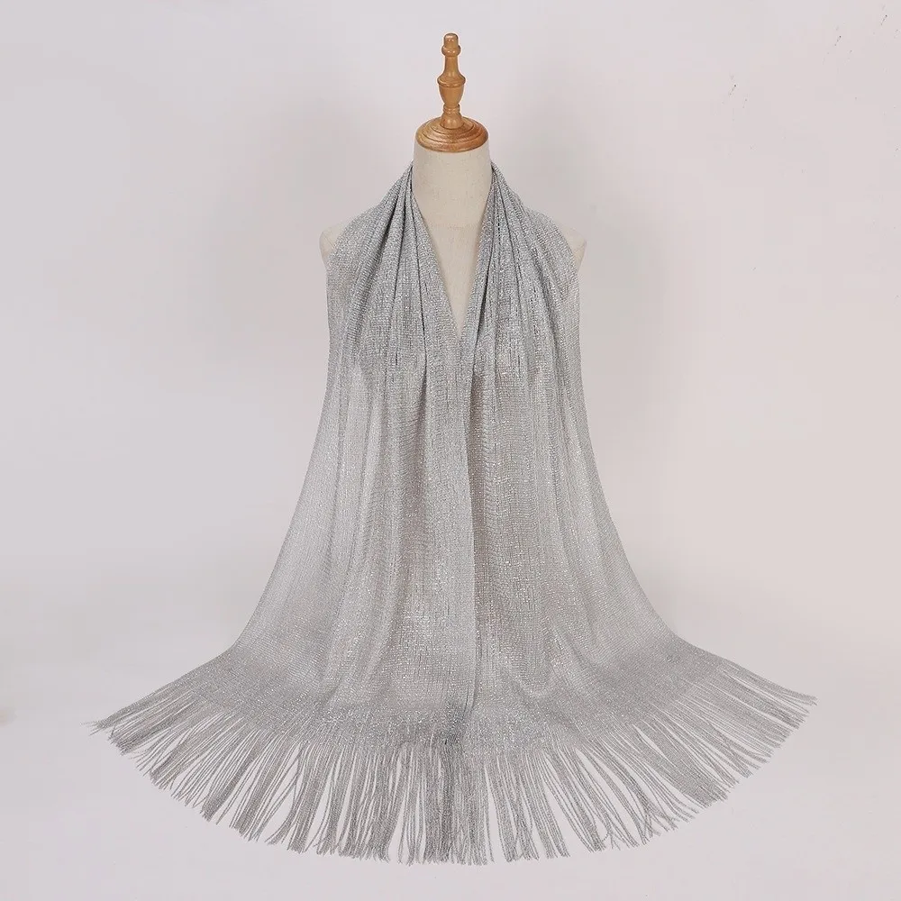 Elegant Shiny Metallic Scarf Long Gold Silver Thread Party Evening Dress Scarf with Tassel Bridal Wedding Wrap