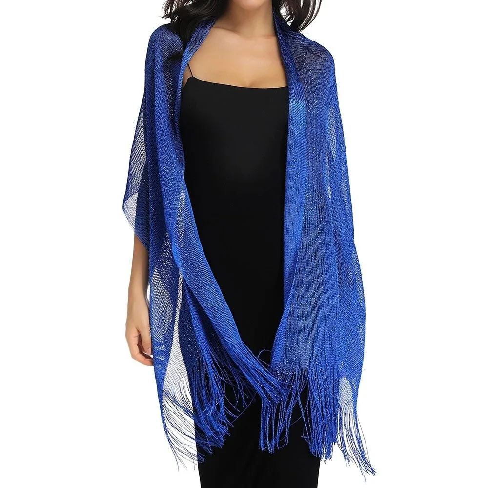 Elegant Shiny Metallic Scarf Long Gold Silver Thread Party Evening Dress Scarf with Tassel Bridal Wedding Wrap