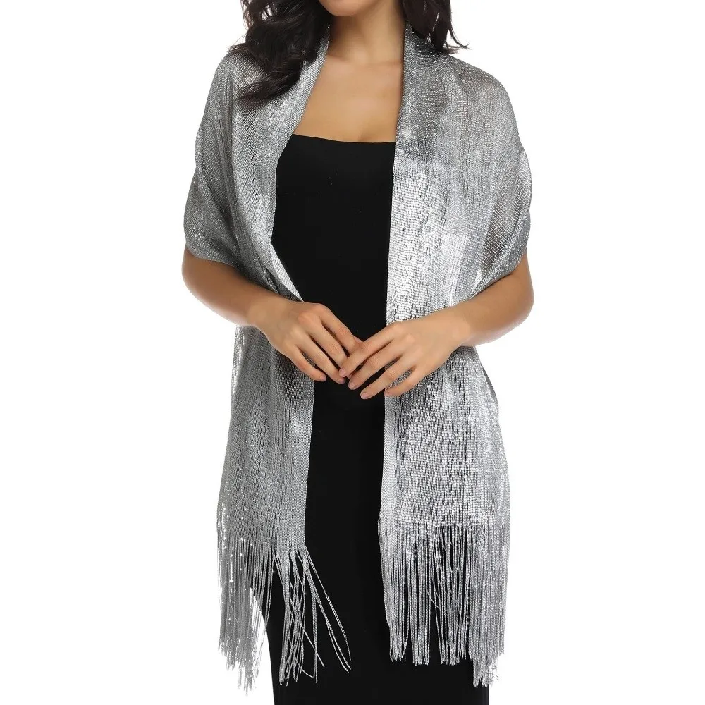 Elegant Shiny Metallic Scarf Long Gold Silver Thread Party Evening Dress Scarf with Tassel Bridal Wedding Wrap
