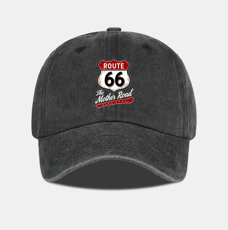 Vintage Route 66 "The Mother Road" Print Washed Baseball Cap Adjustable Unisex Biker Travel Sun Hat