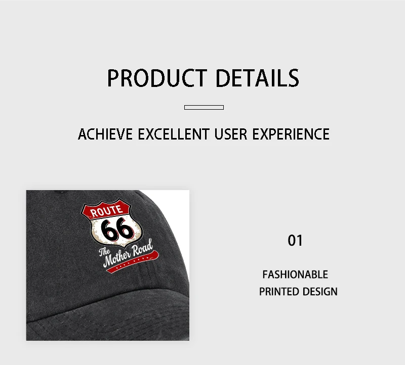 Vintage Route 66 "The Mother Road" Print Washed Baseball Cap Adjustable Unisex Biker Travel Sun Hat