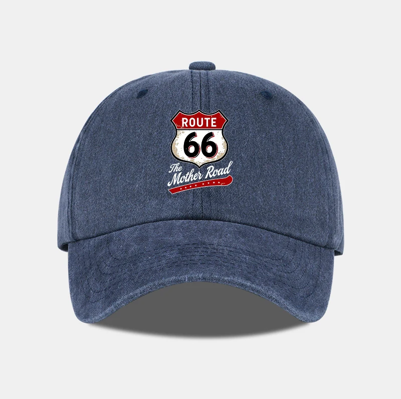 Vintage Route 66 "The Mother Road" Print Washed Baseball Cap Adjustable Unisex Biker Travel Sun Hat
