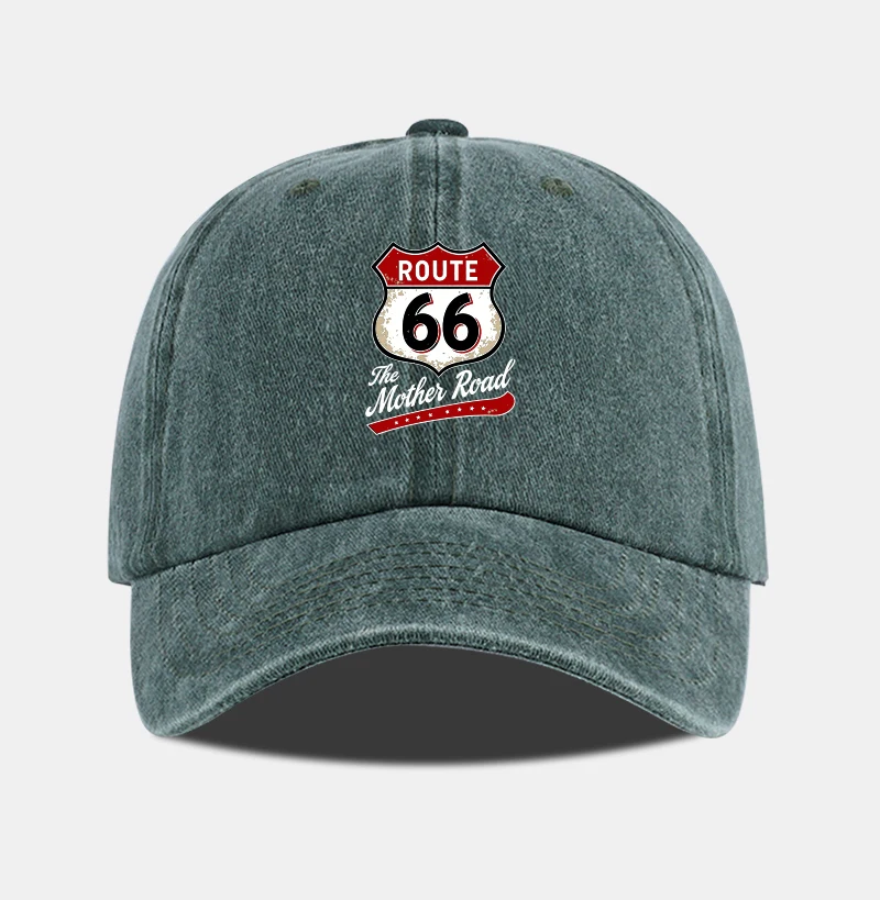 Vintage Route 66 "The Mother Road" Print Washed Baseball Cap Adjustable Unisex Biker Travel Sun Hat