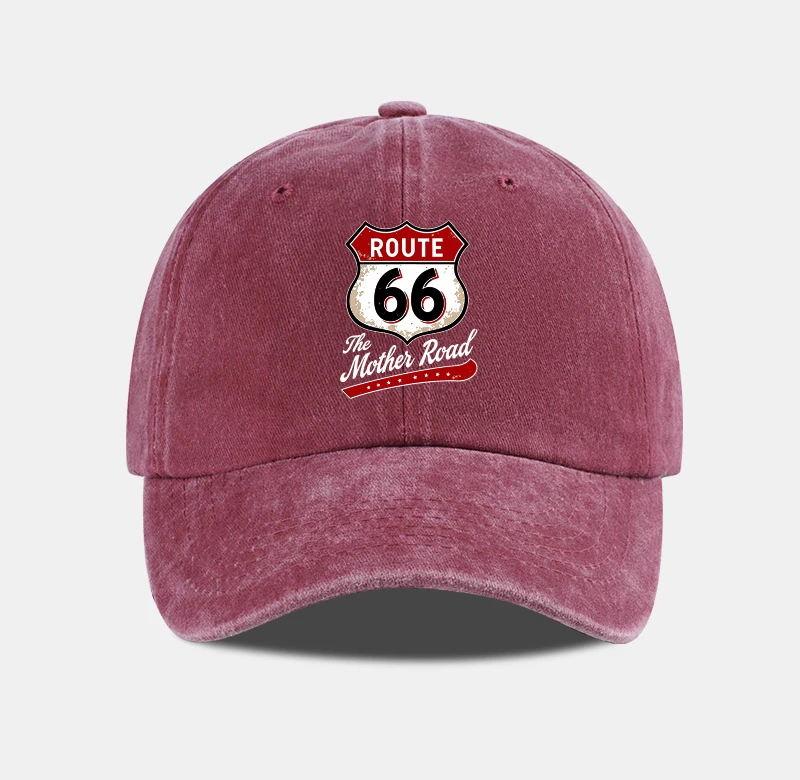 Vintage Route 66 "The Mother Road" Print Washed Baseball Cap Adjustable Unisex Biker Travel Sun Hat