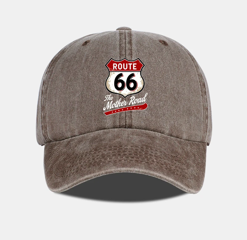 Vintage Route 66 "The Mother Road" Print Washed Baseball Cap Adjustable Unisex Biker Travel Sun Hat