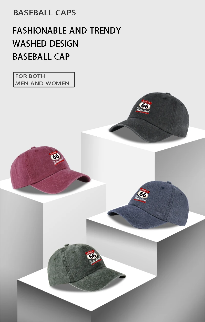Vintage Route 66 "The Mother Road" Print Washed Baseball Cap Adjustable Unisex Biker Travel Sun Hat