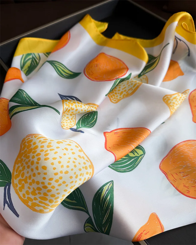 Lemon Print Silk Square Scarf Women Luxury Soft Satin Kerchief Thin Neck Scarf Fashion Sunscreen Headscarf For Women Bag Ribbon