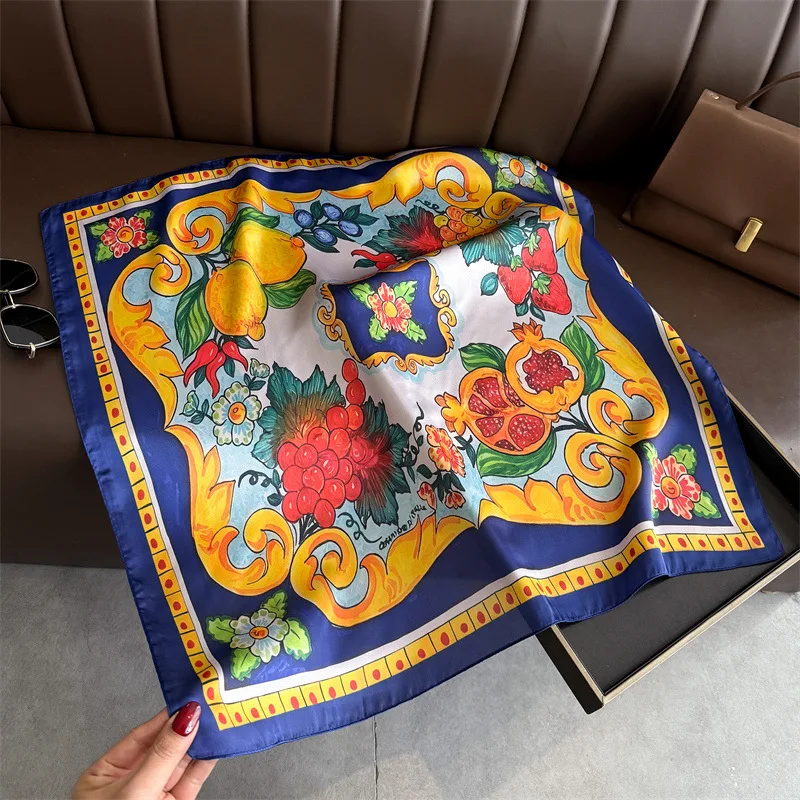 Lemon Print Silk Square Scarf Women Luxury Soft Satin Kerchief Thin Neck Scarf Fashion Sunscreen Headscarf For Women Bag Ribbon