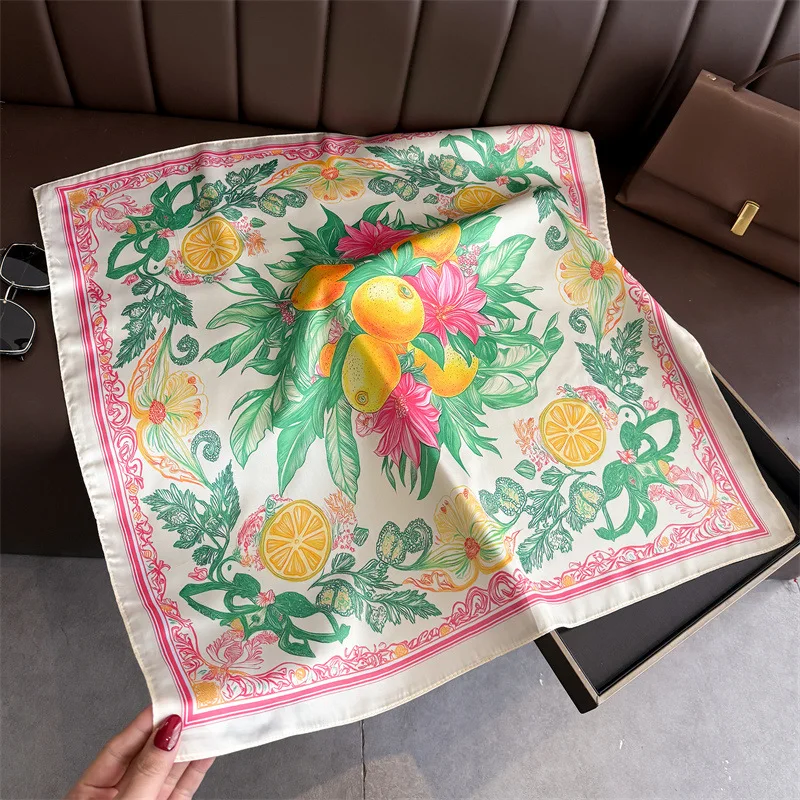 Lemon Print Silk Square Scarf Women Luxury Soft Satin Kerchief Thin Neck Scarf Fashion Sunscreen Headscarf For Women Bag Ribbon