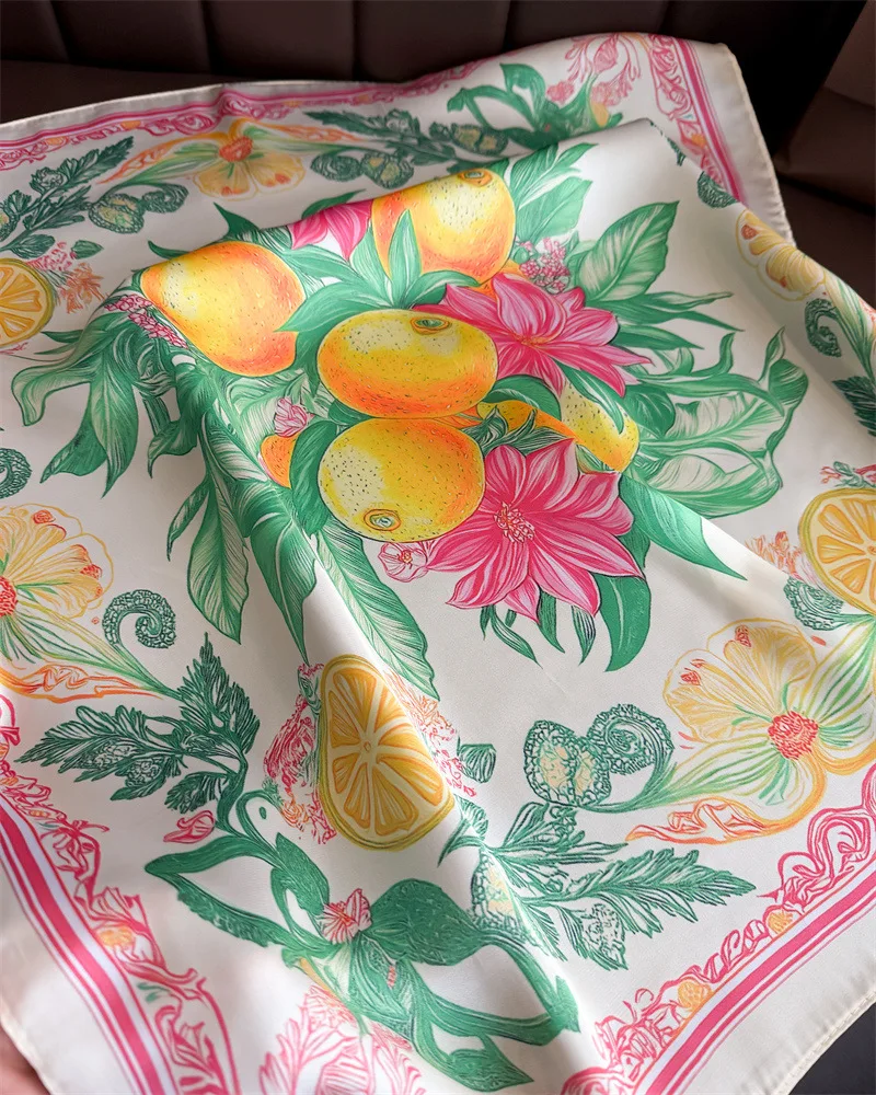 Lemon Print Silk Square Scarf Women Luxury Soft Satin Kerchief Thin Neck Scarf Fashion Sunscreen Headscarf For Women Bag Ribbon