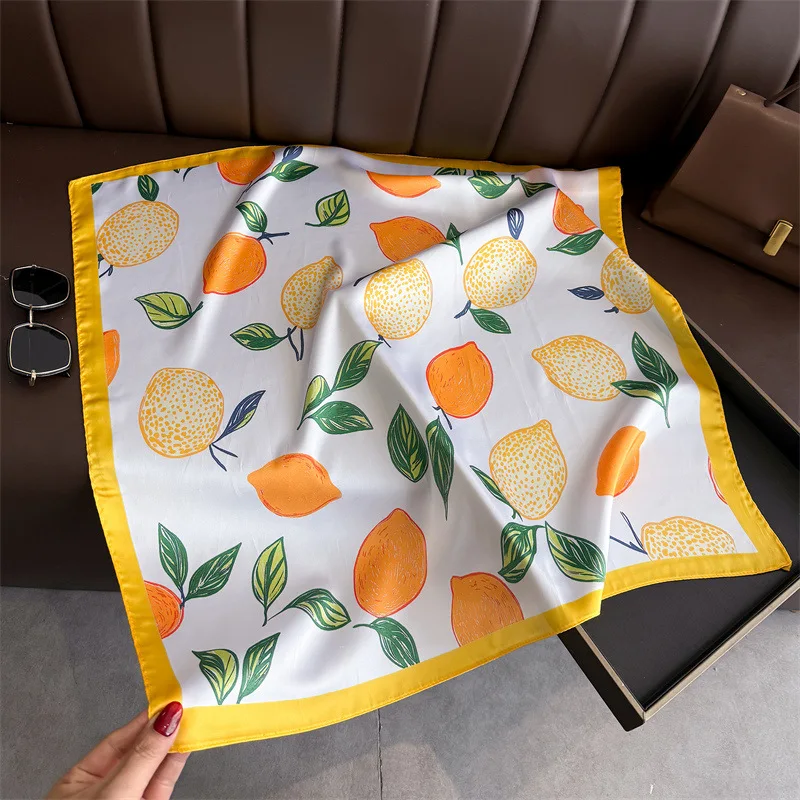 Lemon Print Silk Square Scarf Women Luxury Soft Satin Kerchief Thin Neck Scarf Fashion Sunscreen Headscarf For Women Bag Ribbon