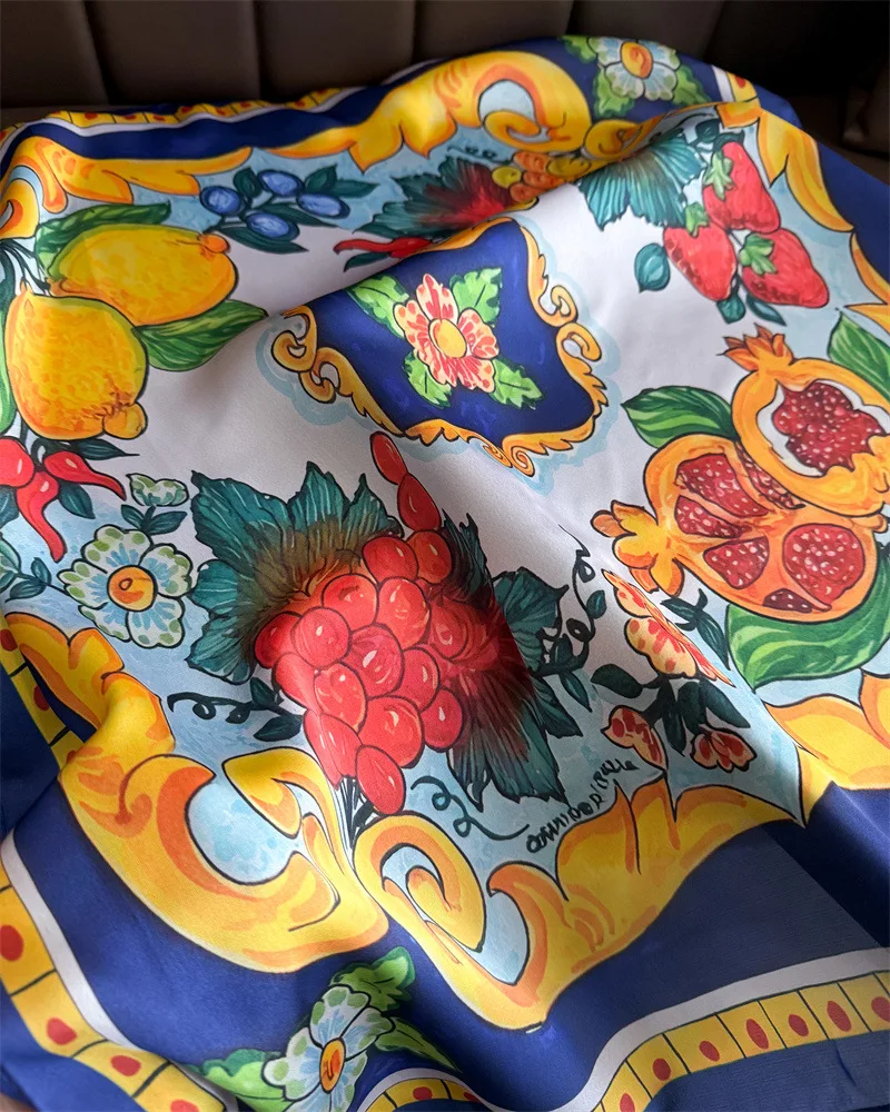 Lemon Print Silk Square Scarf Women Luxury Soft Satin Kerchief Thin Neck Scarf Fashion Sunscreen Headscarf For Women Bag Ribbon