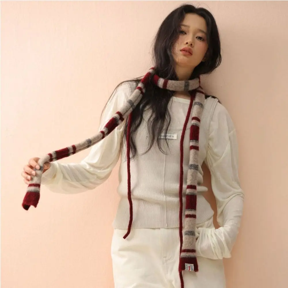 Korean Style Stripe Woolen Scarf Slim Knitted Y2K Girl Scarf Warm Neck Skinny Scarf Autumn Winter
