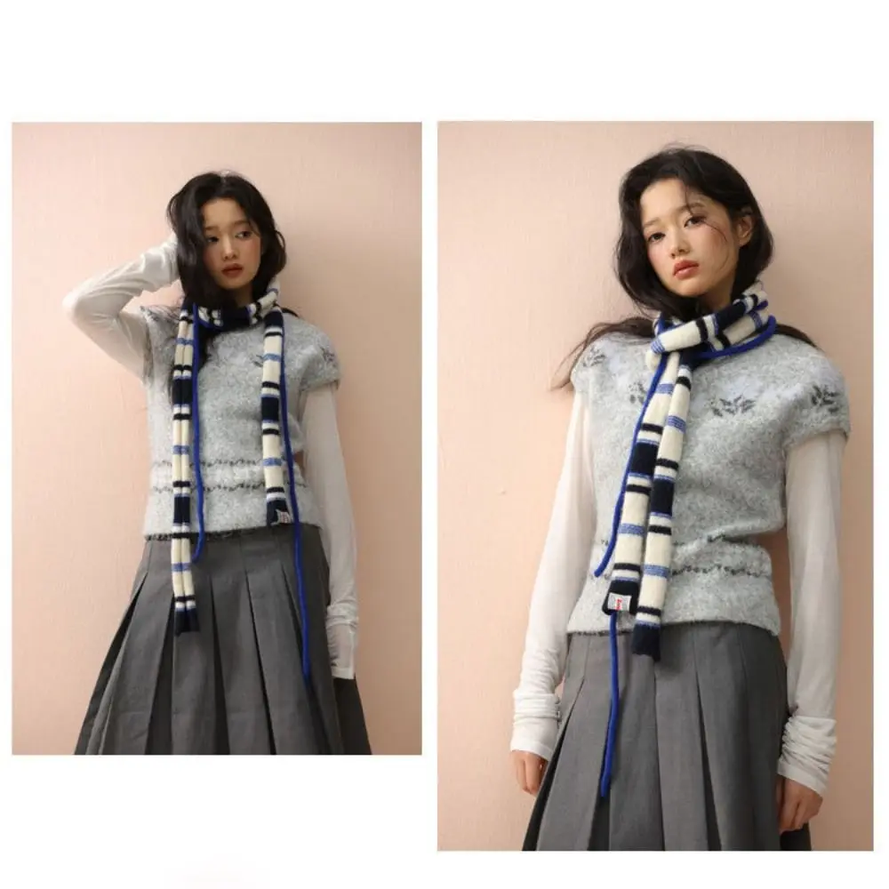 Korean Style Stripe Woolen Scarf Slim Knitted Y2K Girl Scarf Warm Neck Skinny Scarf Autumn Winter