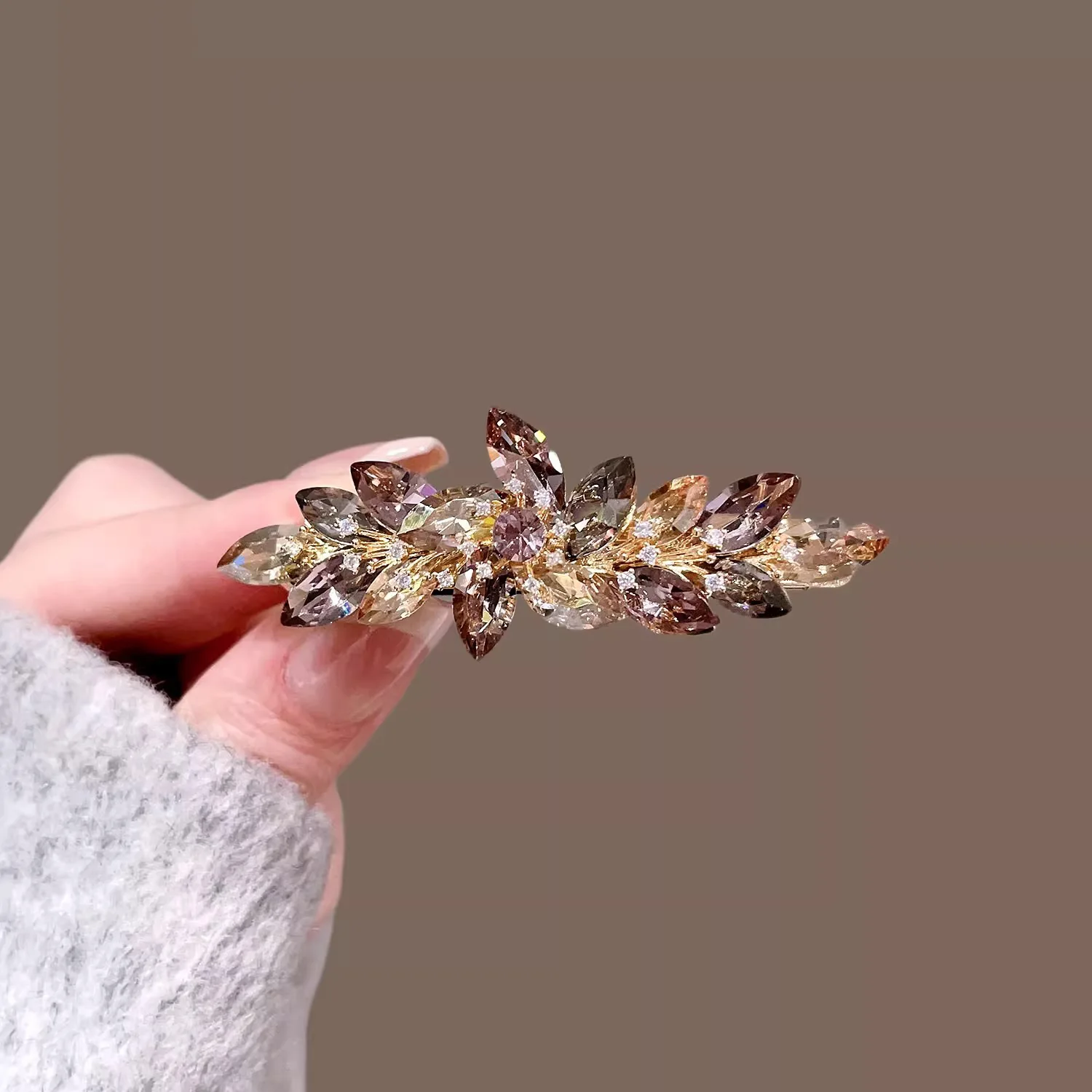 Korean Style Elegant Crystal Leaf Hair Clip, Shiny Rhinestone Barrette Fashion Hairpin for Women, Daily & Party Hair Accessories