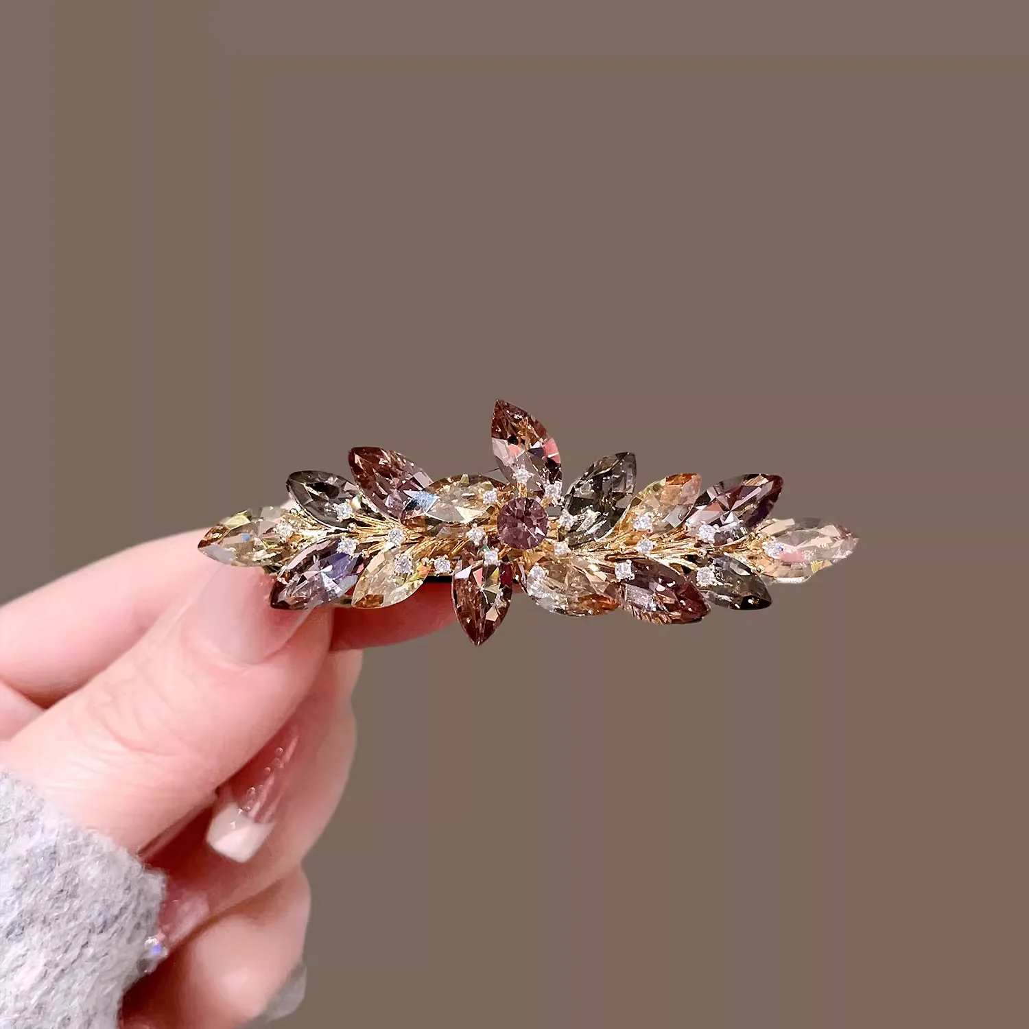 Korean Style Elegant Crystal Leaf Hair Clip, Shiny Rhinestone Barrette Fashion Hairpin for Women, Daily & Party Hair Accessories